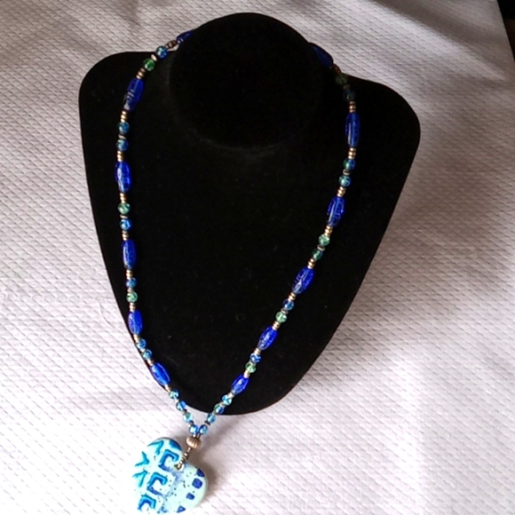 Handmade Necklace of Sterling, hand blown glass,Ceramic Pendant - Picture 4 of 6